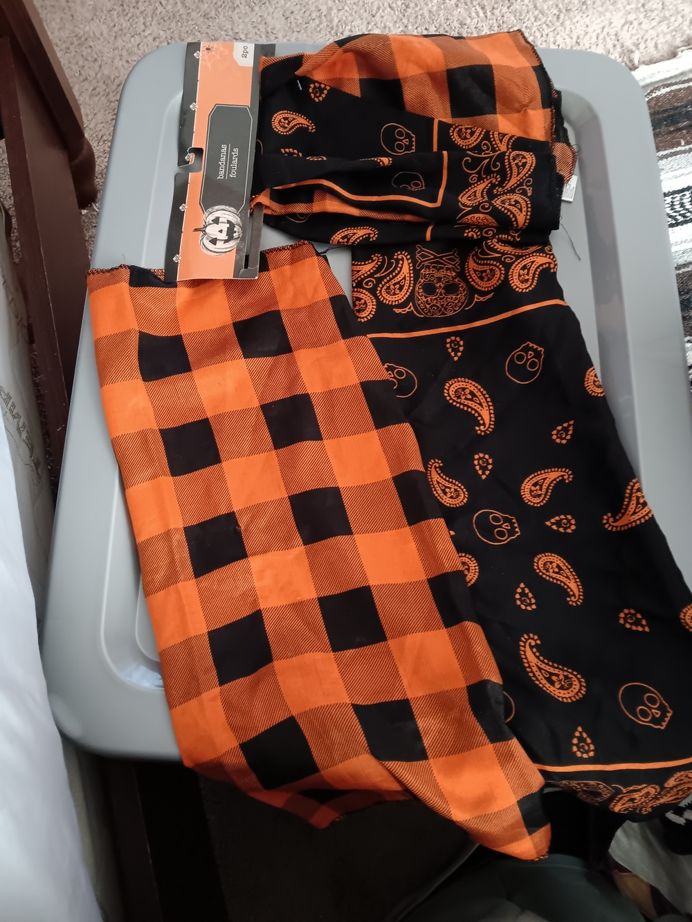 Halloween Orange and Black Buffalo Plaid & Paisley Print Set Of 4 Bandanas